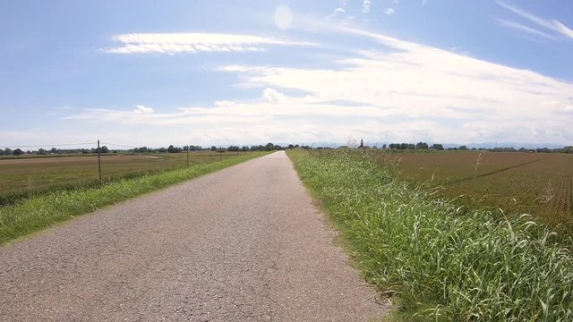 Ciclovia del Po bicycle path on the Embankment along the Po river next to Valloria village (municipality of Guardamiglio), province of Lodi, Lombardy, Italy