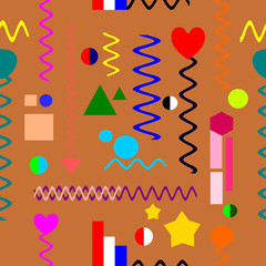 The abstract seamless pattern of the colorful Wave line art and Geometric shape on brown color for background, Gift Wrap ,wallpaper, fabric print, cloth texture, illustration.