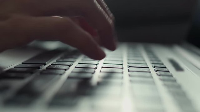 4k female office worker hands typing on laptop keyboard , Hands touch typing pointing cloud data social network media, working from home during quarantine, Extreme close-up human hands on keyboard 4k