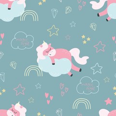 Seamless pattern with unicorns, hearts, diamonds, stars, clouds and rainbows on a pink background. Vector illustration for creating seamless patterns, printing on a postcard, fabric, or clothing. Cute