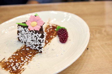 a piece of chocolate cake decorated with white coconut balls