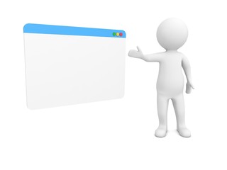 3d character and internet browser on a white background. 3d render illustration.