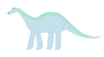 Large dinosaur drawn by hand. Big reptile. Funny adorable titanosaur. Isolated on white background.Fun design for print, shirt, poster. Flat style drawing. Stock vector illustration.