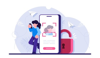 Concept of Face ID technology, biometric authentication, facial recognition system, information protection. Woman uses a mobile phone. Modern flat vector illustration.