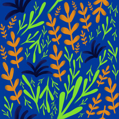 neon doodle plants on blue background. Seamless pattern. Orange, green, blue leaves, branches, seaweed. underwater print. Ocean, naval pattern. Packaging, wallpaper, textile, kids design