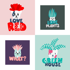 Flower pot set in the shape of cute cat with home plant in scandinavian style. Phrases: love red, love plants, what? green house. Unique hand drawn nursery poster. Modern vector illustration.