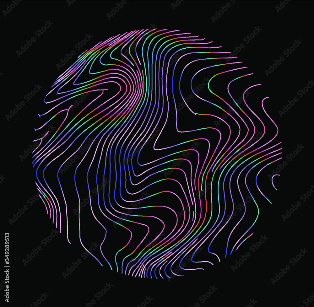 Aufkleber Illuminated holographic circle with glitched wavy texture. Retrofuturistic illustration in 80s-90s synthwave and retrowave chromatic spectrum colors.