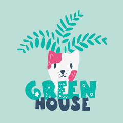 Flower pot in the shape of cute cat with home plant in scandinavian style. Phrases: green. Unique hand drawn nursery poster. Modern vector illustration.