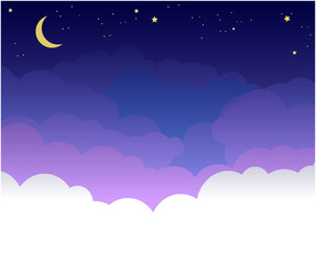 background night gradient sky with clouds, moon and stars vector illustration with air effect. cartoon cloud with plac for text. Vector template
