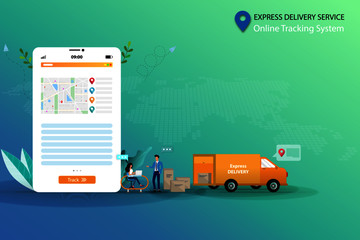 Concept of express delivery service with online tracking system, business man and woman are discussing to track the shipment that shown on the screen of tablet to deliver the goods by van on time.