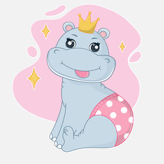 Cute cartoon hippo princess. Graphic element for kids, greeting card, cover, sticker and poster.