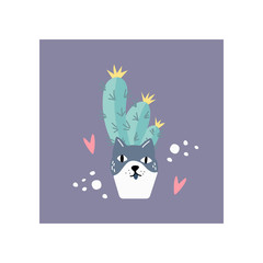 Flower pot in the shape of cat around the hearts with cactus in scandinavian style. Unique hand drawn nursery poster. Modern vector illustration.