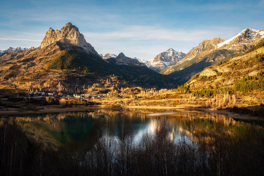 Sallent de Gallego village in spanish pyrenees, Huesca, Spain. Beauty village at sunset.