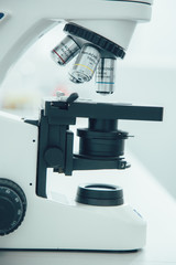Cropped photo of modern microscope with no people