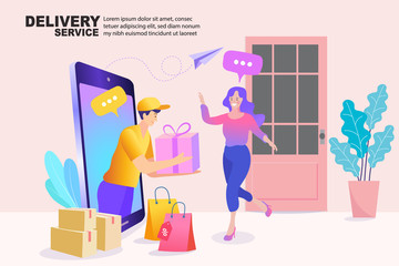 Delivery parcel to door. Shopping online concept. Express delivery. Vector illustration.