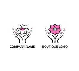 Black and white prints variation for logo design, cosmetician, spa and massage salon with female hands holding a beautiful pink lotus flower