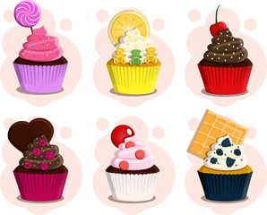 A set of different cupcakes with cream and topping. Poster of cakes with berries, chocolate, sweets, lollipops, sprinkles, marmalade bears and fruit. A gift card for children s day, Valentine s day