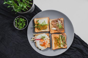 Variety of sandwiches for breakfast, snack, appetizers with fried egg, peanut paste, pea microgreen. Flat lay, top view