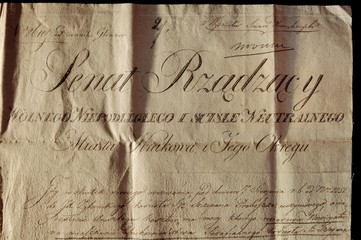 Document of the Senate of the Free City of Krakow from 1818. Dokument Senatu Wolnego Miasta Krakowa z 1818 roku.
