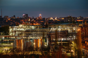 Chemical factory at night. Production of thermoplastic in Voronezh Synthetic Rubber Plant