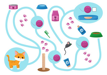 Maze game for children. Help the cat collects all balls of thread. Learn count. Educational labyrinth. Cute kawaii cartoon character.