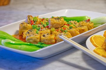 Closeup of tasty Chinese food on table, homemade nutritious food, healthy diet