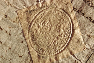 Dry seal with the Poraj coat of arms on a document from AD 1670. Sucha pieczęć z herbem Poraj (jedna z wielu odmian tego herbu) na dokumencie z 1670 roku.
 - obrazy, fototapety, plakaty