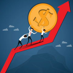 Fototapeta premium Flat design of the best teamwork concept,The teamwork helping to push up a big golden coin above red arrow together,vector illustration