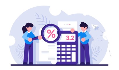 Concept of accounting and auditing service for business, budget planning, revenue calculation. People look through the magnifying glass at the check. Modern flat vector iilustration.