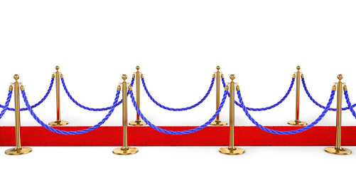 Rope fencing with red carpet isolated on a white background. 3d illustration