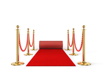 Rope fencing with red carpet isolated on a white background. 3d illustration