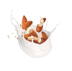 splash of milk with almonds on a white background