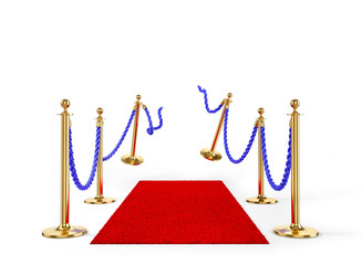 Broken rope fencing with red carpet isolated on a white background. 3d illustration