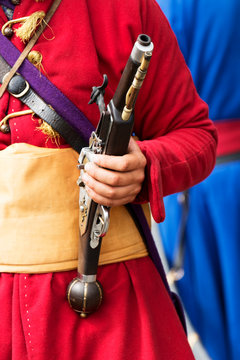Detail of Gyulaffy Laszlo traditionalist banderium weapons and clothes in Badacsony in 09. September 2018, Hungary