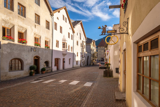 Glorenza, Italy - September 18, 2019: A street is leading towards the central square in the Italian village of Glorenza, situated in the valley Val Venosta in the region of Alto Adige (Italy)