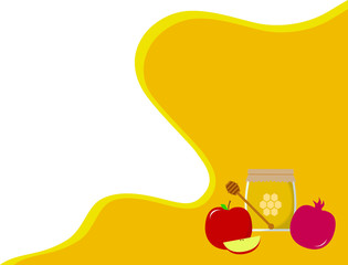 Background Rosh Hashanah. Yellow background simulating honey. In the background honey, apple and pomegranate.