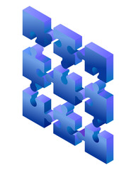 Obraz premium Isometric blue gradient puzzle pieces isolated on white background. Concept of teamwork, communication, problem or challenge solution.