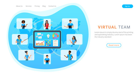 Virtual team having online meeting with clients, working from home. Business people on laptop screen talk to each other in video call. Woman having video conference with colleagues. Videoconferencing