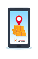 Order safe contactless delivery service via mobile app or website. Online order tracking using smartphone. Ecommerce concept. Safe delivery to home or office. Flat vector illustration. Clip art.