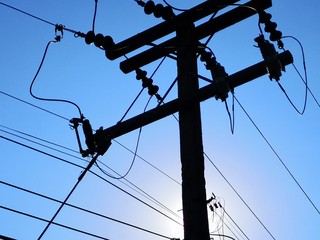 The electric pole, The electric post show with hight voltage construction and power lines,...