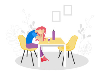 Vector illustration in flat style. A woman is drinking wine while sitting at a table. Problems with alcohol in women. Depressed state in the wife. Lonely woman drinking alcohol alone.