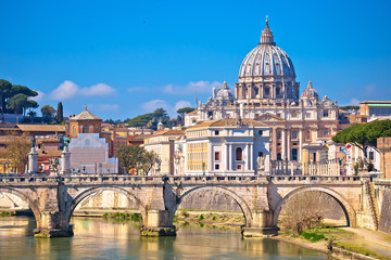 Rome and Vatican. Tiber river bridge od Saint Angelo and Basilica of Saint Peter in Rome view