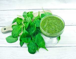 Fresh green spinach smoothie on a wooden background. Healthy lifestyle. Organic food.