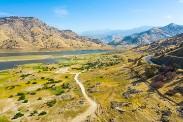 Aerial view of nature Lake Kaweah Recreation Area outside of Sequoia National Park. Autumn. California, USA country