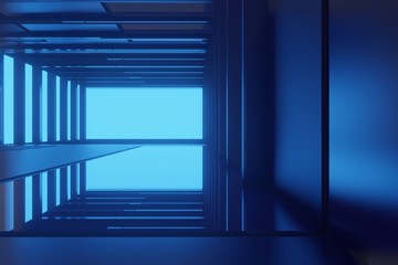 Fototapeta premium 3d render, Futuristic night landscape with abstract landscape and island, moonlight, shine. Dark natural scene with reflection of light in the water, neon blue light. Dark neon circle background.