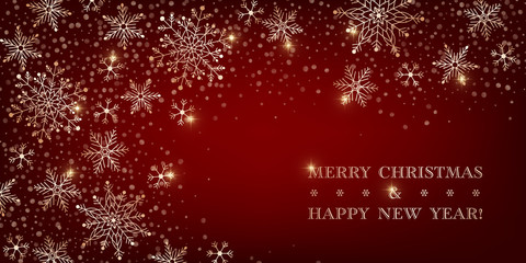 Christmas dark red background with sparkling golden snowflakes. Design element for greeting card, invitation or poster