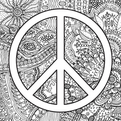 Pacific symbol - hippie 60s festival poster. Psychedelic coloring page for adults. Vector design. Retro poster.Antistress home activity