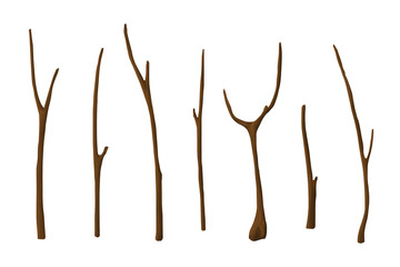 Drawn dark brown wooden branches on white background. Basis clip art isolated