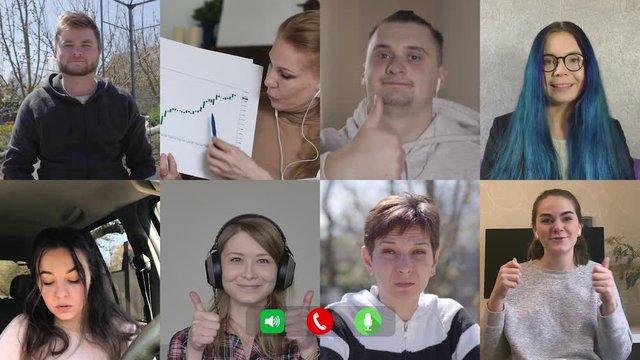 Eight people rejoicing success of business in online video chat. Multiscreen of happy joyful men and women showing thumbs up as CEO demonstrating ascending graph. Covid-19, isolation, quarantine.