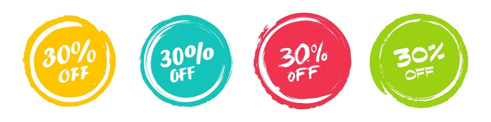 Set of grunge sticker with 30 percent off in a flat design. For sale, promotion, advertising - obrazy, fototapety, plakaty